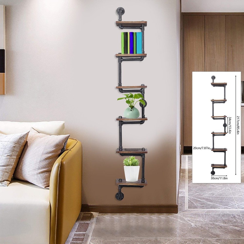 Industrial Pipe Shelves Wall Mount 6-Tier Wood Ladder Bookshelf Floating Shelf