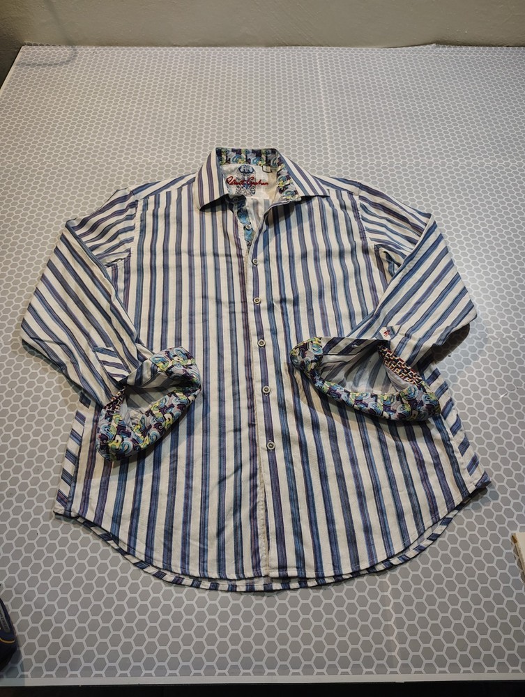 Robert Graham Striped Long sleeve Flip Cuff Button Up Shirt Size L ,100% Cotton