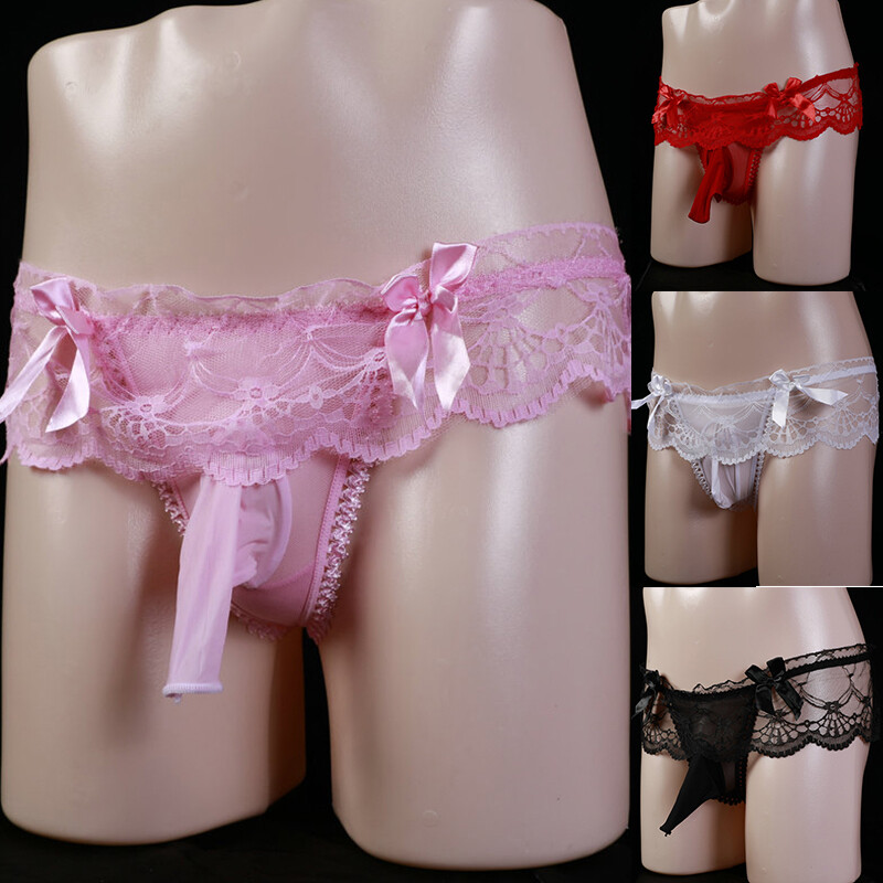 Men Sexy Lace Thong JJ Underwear Gay Lingerie-Sissy Hollow Pouch Bow Boxer Brief