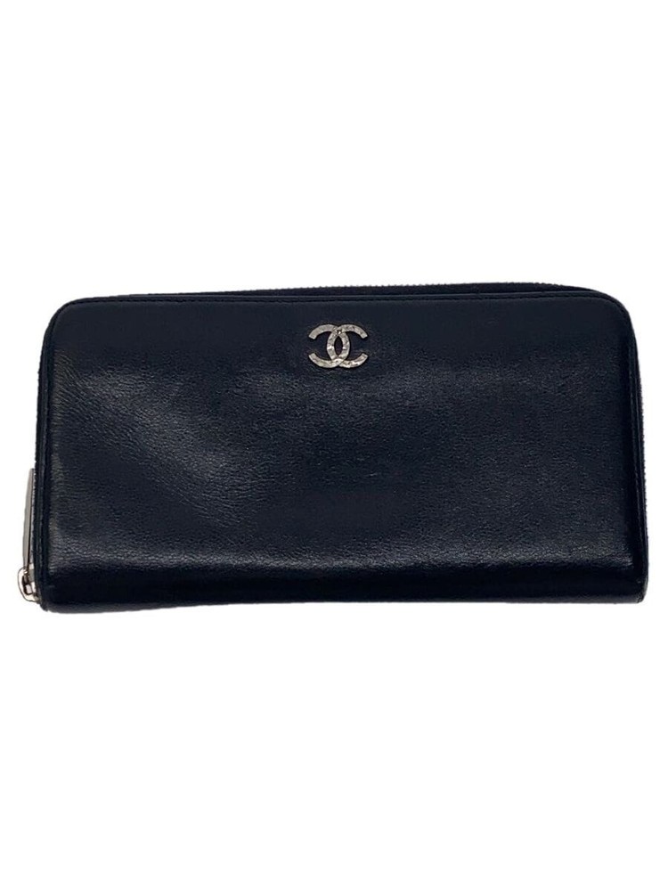 CHANEL Black Leather CC Zip Around Long Wallet Silver Hardware Pre-Owned