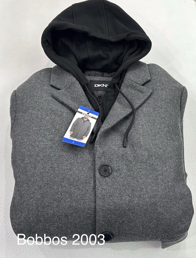 DKNY Men's Faux Wool Heavyweight Bib Front Zipper Button Coat Jacket, Gray, L