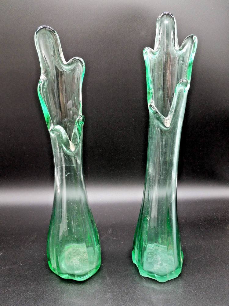 (2) Five Finger Swung Vase Stretch Emerald Green Art Glass Vintage MCM  13”