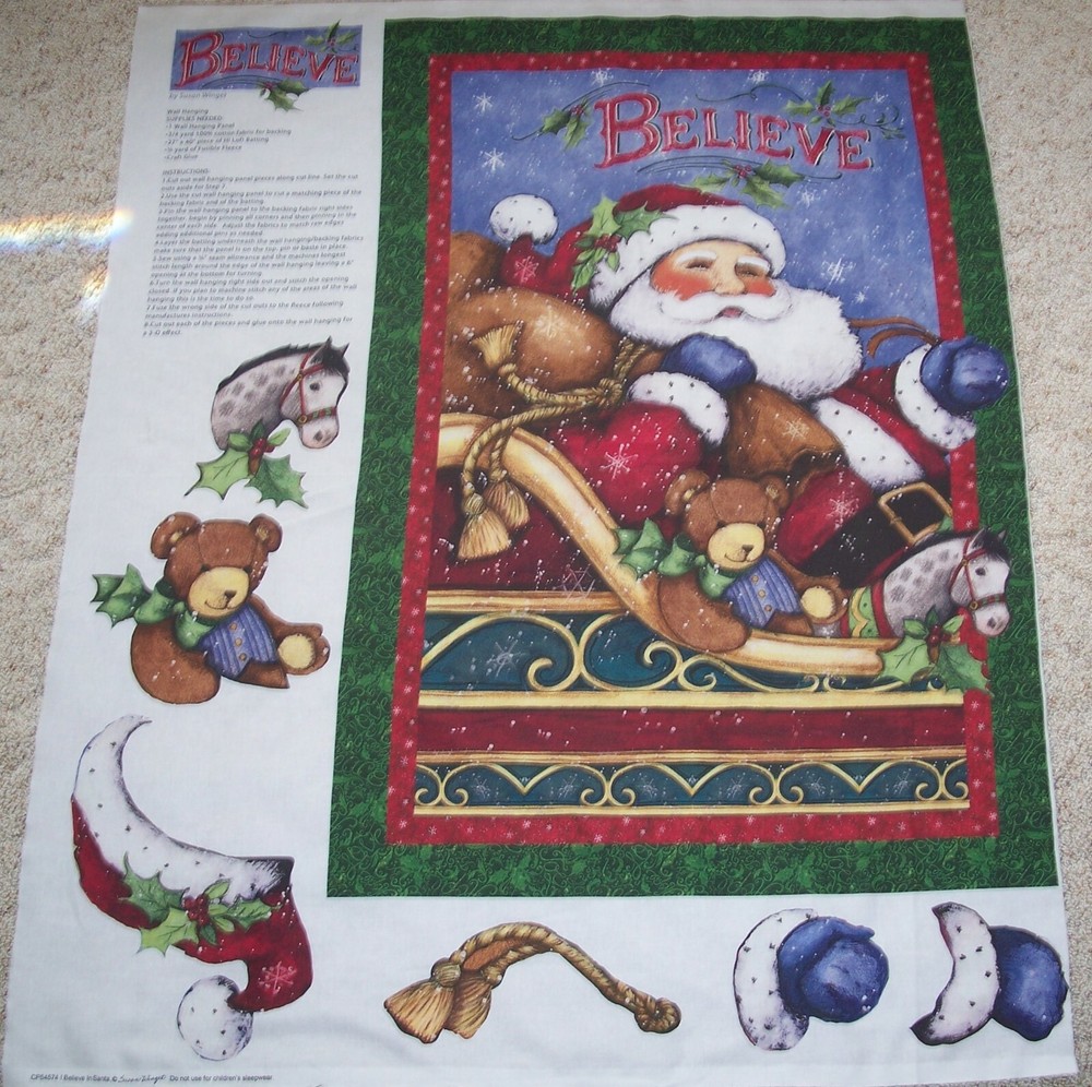 Sale Christmas I Believe in Santa Quilt Top Wall Hanging Panel Fabric Holiday-image