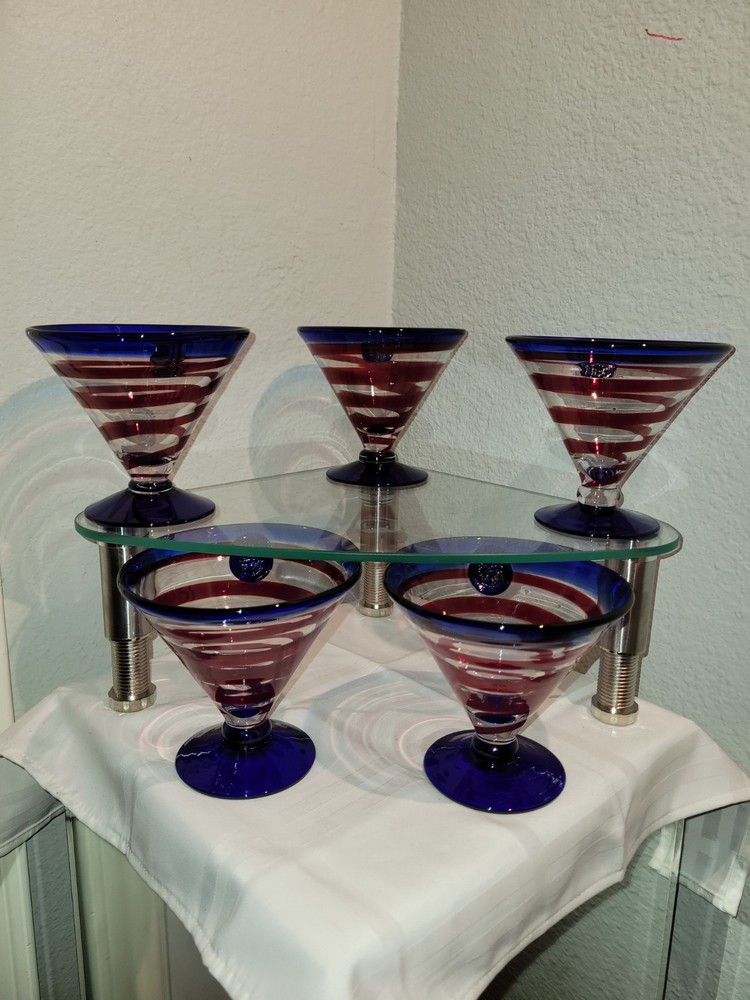 KOSTA BODA Royal Caribbean Cobalt Blue Red Swirl Handblown Martini Glass 4.5 Inch