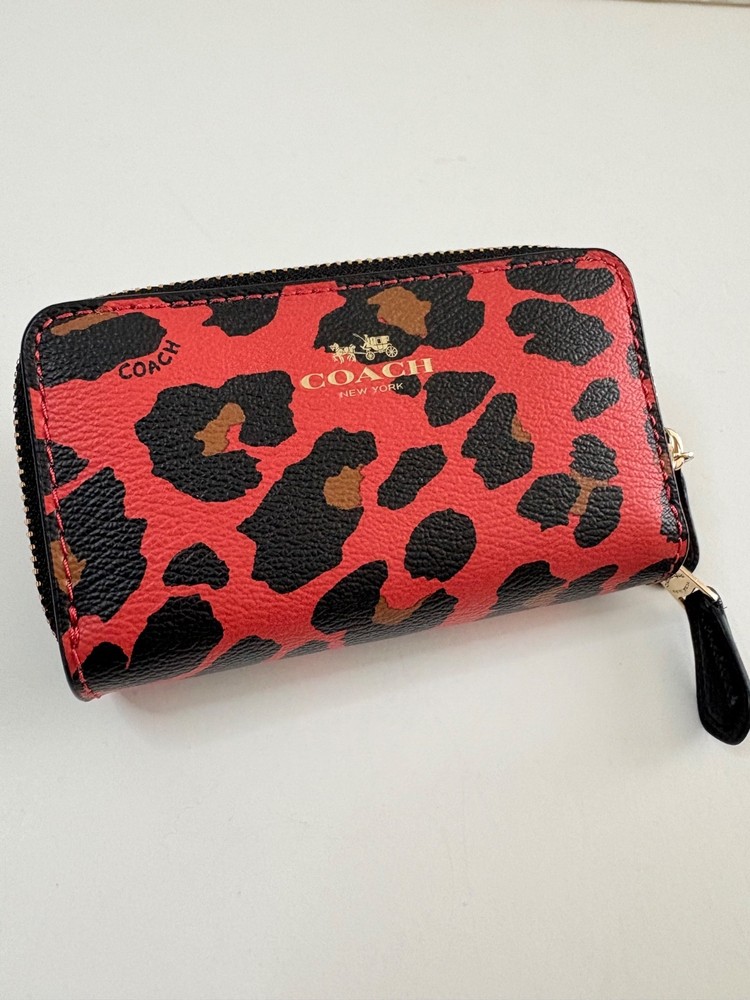 Coach Red Leopard Print Small Double Zip Around Wallet & Coin Purse Excellent Condition