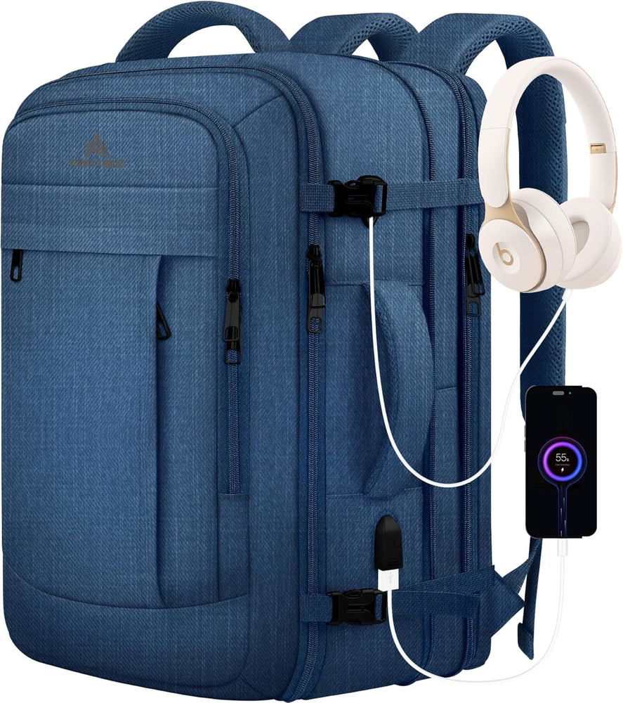 50L Water-Resistant Travel Backpack for Men Expandable Carry On Blue