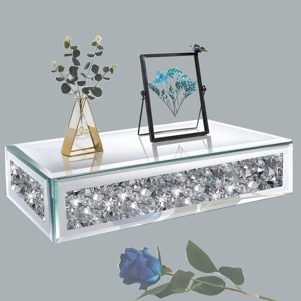 Glamorous Crushed Diamond Crystal Glass Floating Wall Shelf with Mirror