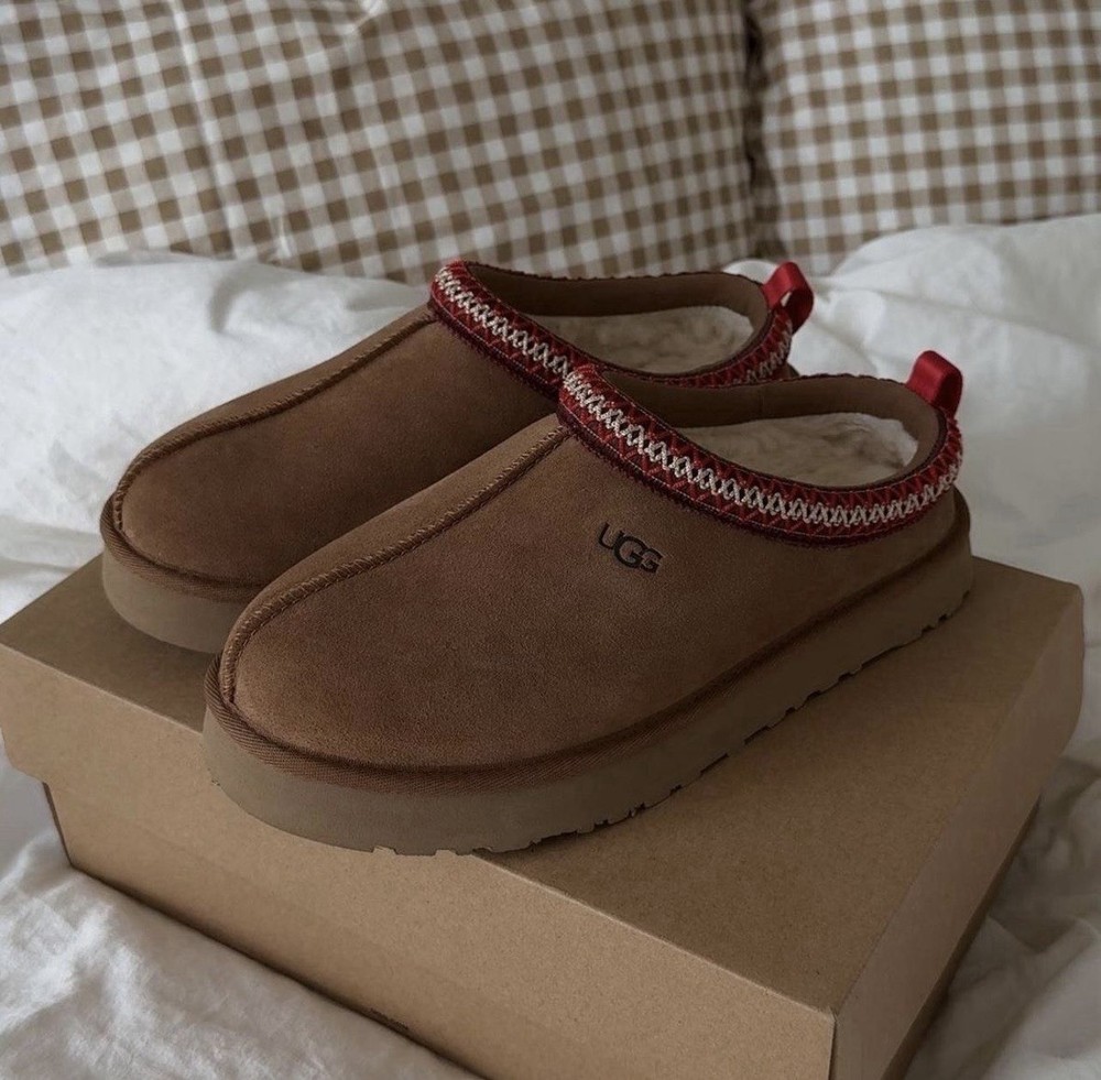 UGG Tazz Women’s Platform Slippers Chestnut Suede Shearling Cozy Slip On