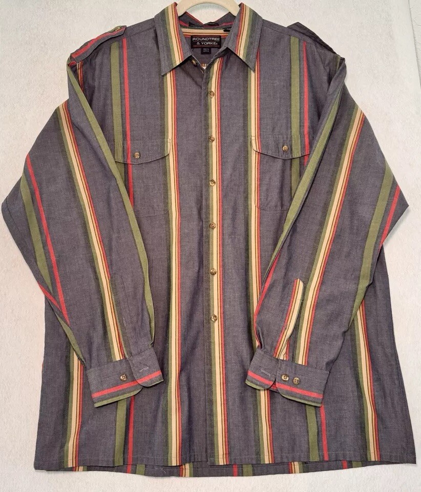 Roundtree & Yorke Glasgow Gingham Long Sleeve Multi Color Striped Shirt Men’s XL