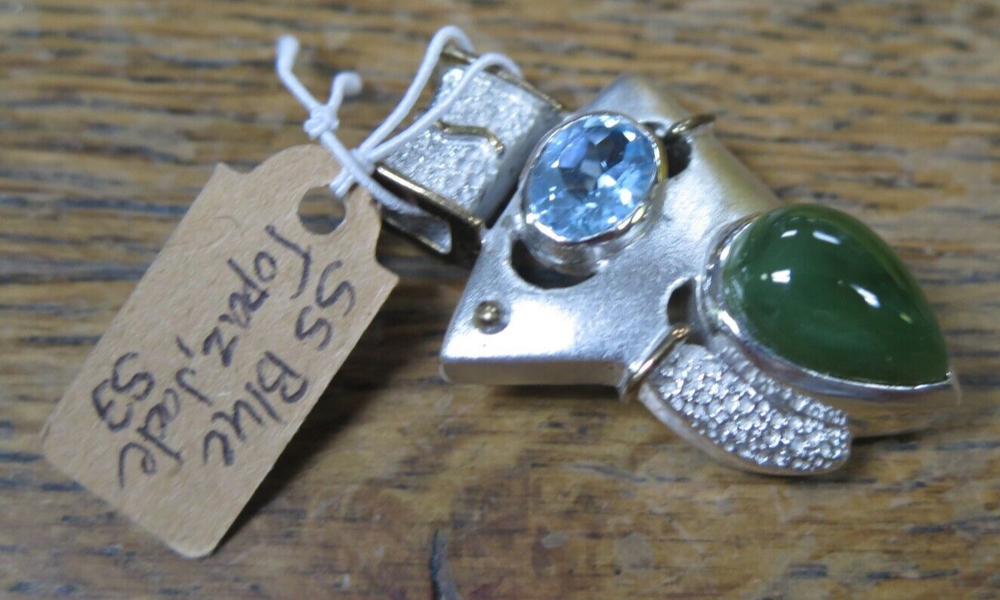 Rare Blue Topaz Quartz and Jade Sterling Silver 925 Pendant