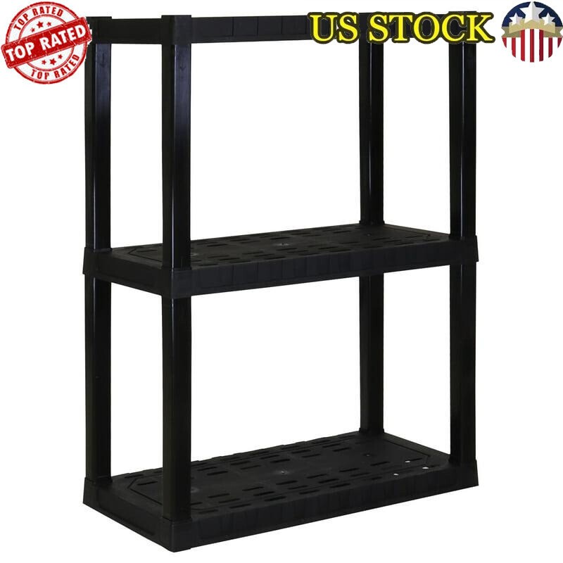3-Tier Black Plastic Garage Shelf 30 x 14 x 39