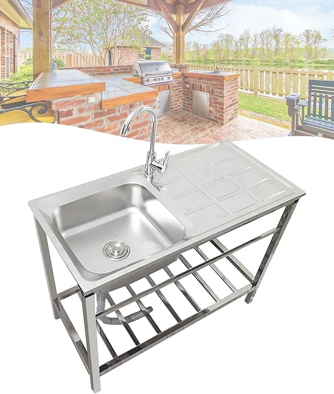 Stainless Steel Outdoor Kitchen Sink with Faucet Hand Washing Station Commercial