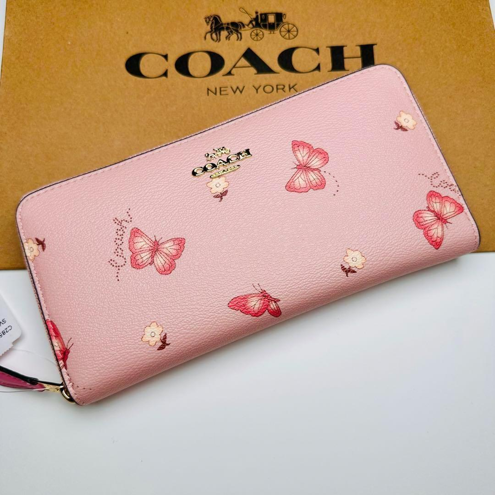 COACH Pink Butterfly Floral Round Zip Long Wallet Rare New