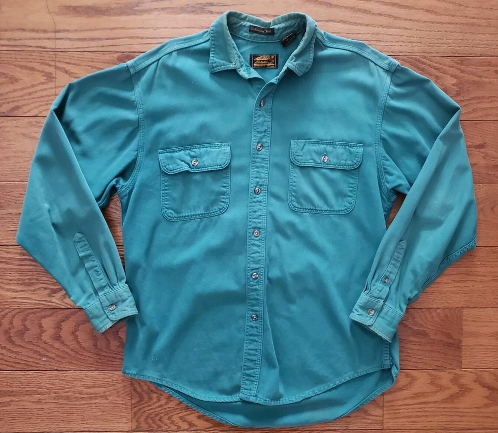 Eddie Bauer Mens Outbound Twill Shirt Green Long Sleeve Heavy Faded Size Large