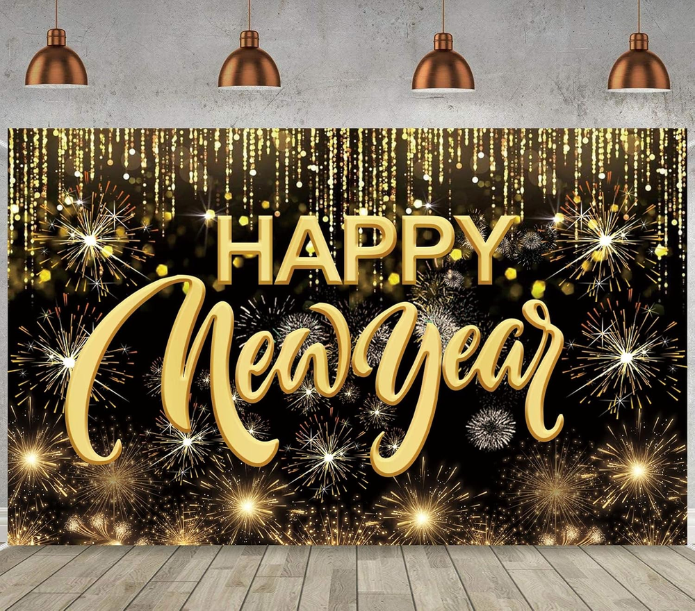 Happy New Year Hanging Extra Large Fabric Sign Poster Background Banner with Fir