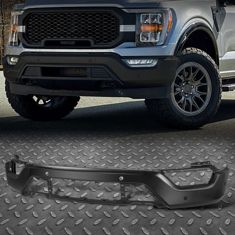 For 21-23 Ford F-150 Black Steel Front Bumper Face Bar w/ Parking Sensor HolesFits w/o Active Park Assist; w/ Park Distance Sensors