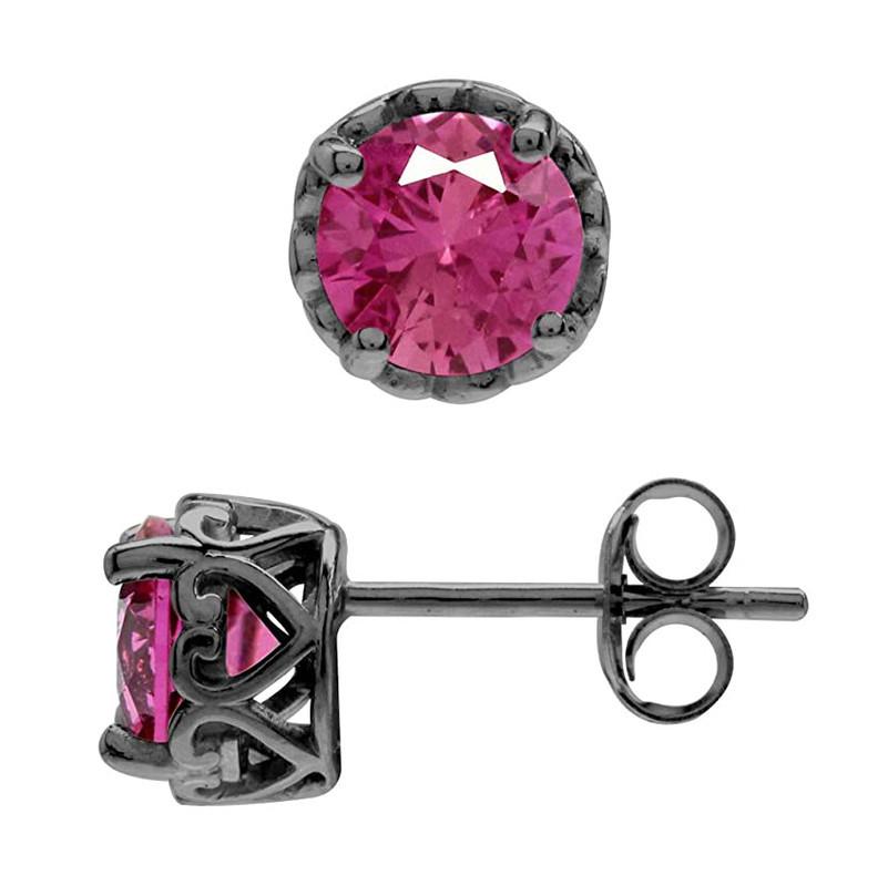 6 MM Pink Tourmaline Black Rhodium 925 Sterling Silver Victorian Stud Earrings