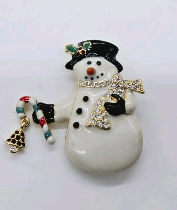 Gold-Tone Snowman Brooch with Candy Cane Charm 2 Inch Christmas Pin