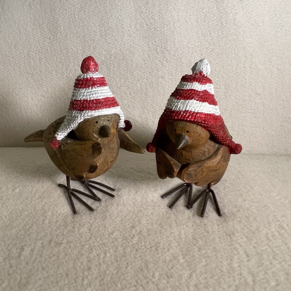 2 Holiday Winter Bird Figurines W/ Red & White Stocking Hats Wire Legs