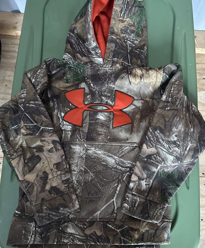 Under Armour Realtree Camo Big Logo Hoodie ColdGear Hunting Boys Youth Small A1