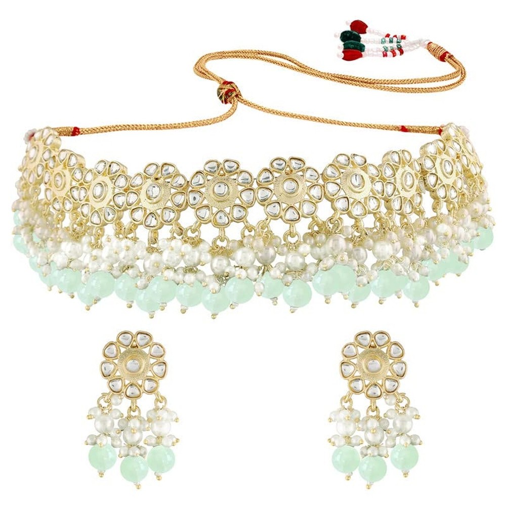 Aheli Gold-Plated Green Kundan Pearl Choker Necklace Earrings Set