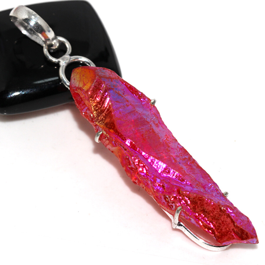 925 Silver Plated Pink Titanium Aura Quartz Ethnic Pendant Jewelry Size 3