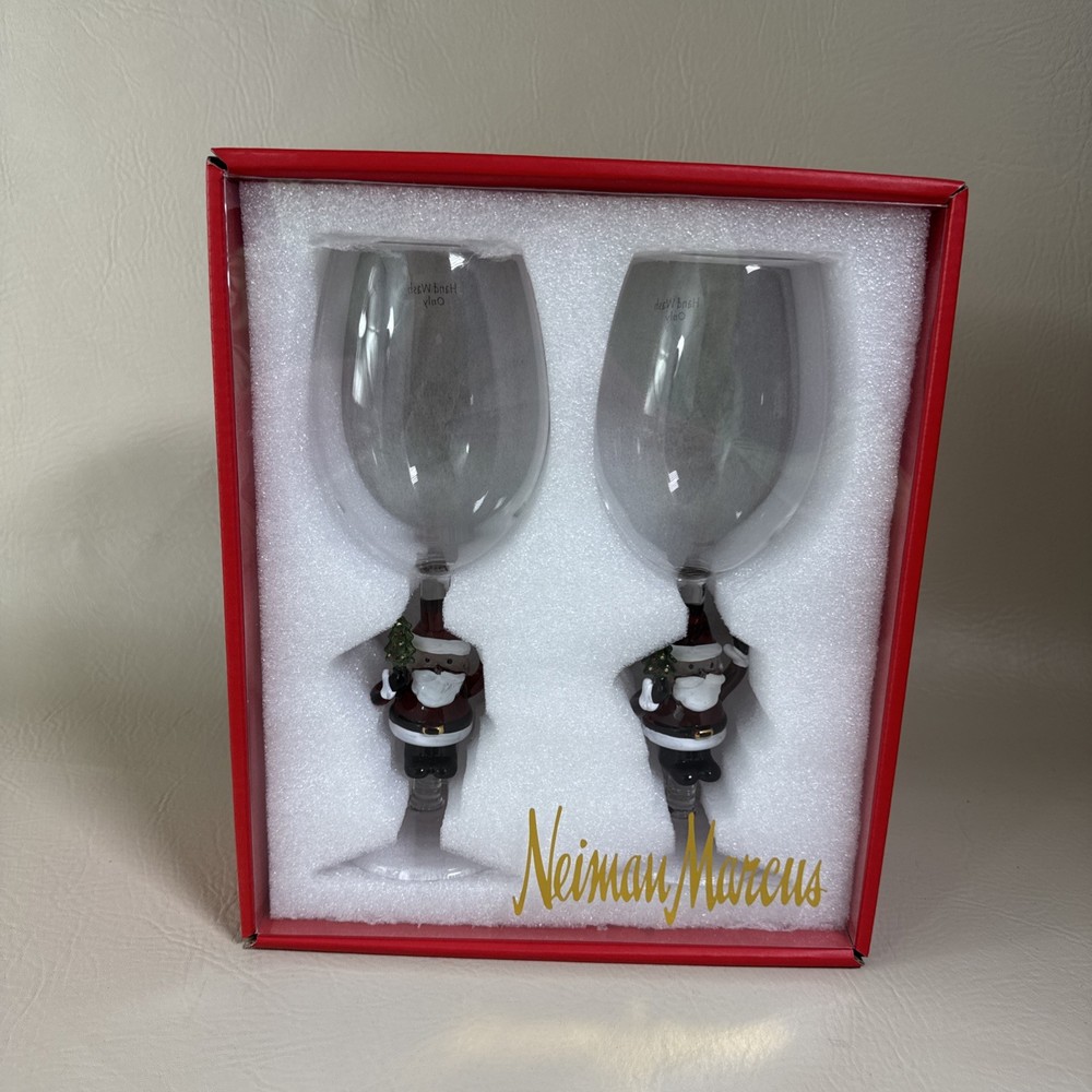 Neiman Marcus Figural Santa Wine Glasses Set Of 2