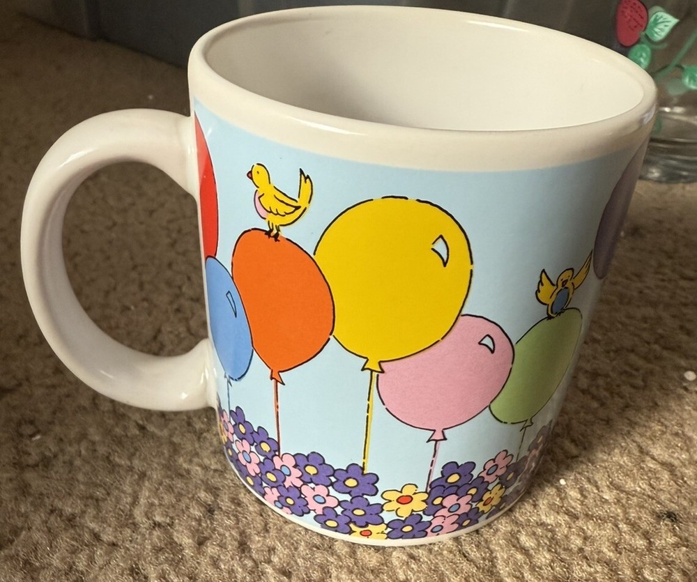 Vtg Russ Berrie &Co Happy Birthday Mug Balloons Flowers Birds 14oz Cup Ceramic