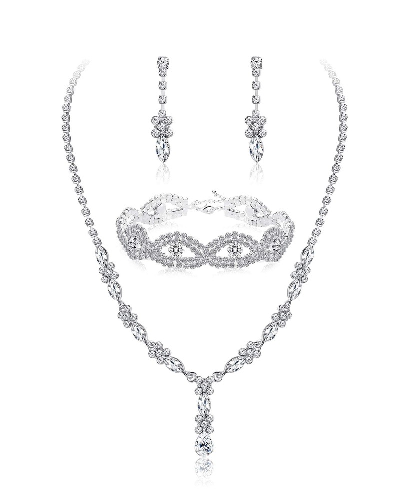 JOERCIA Silver Bridal Jewelry Set Rhinestone Necklace Bracelet Dangle Earring...