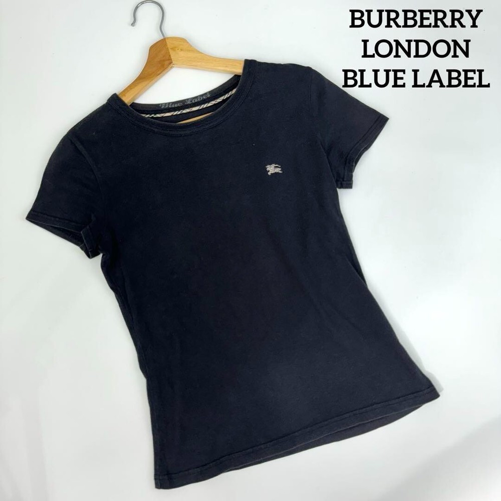 BURBERRY Short Sleeve T-Shirt Black Logo Nova check Women Size 38/S-M Used