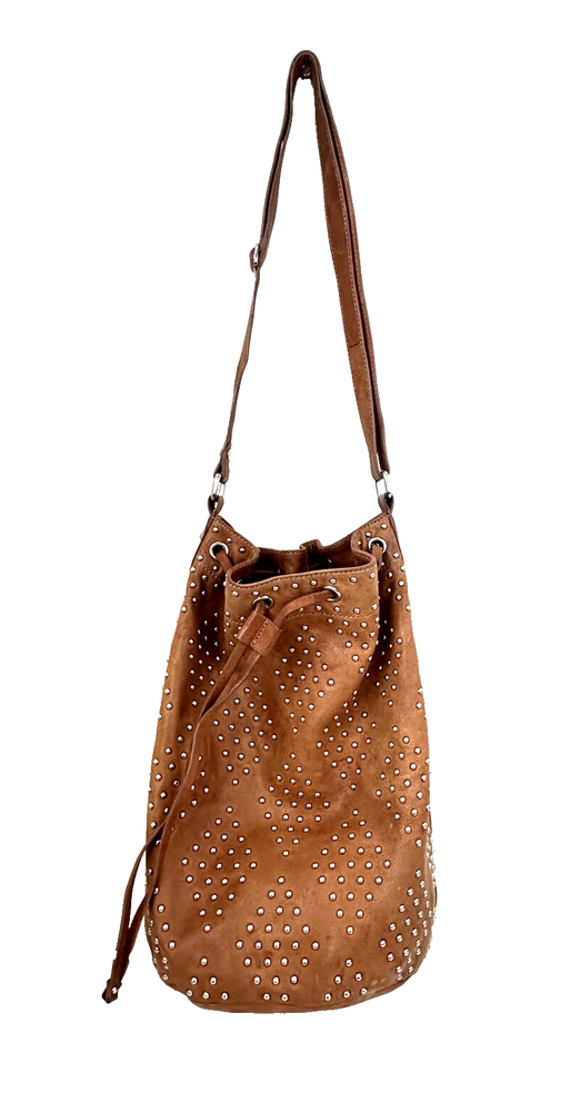 Sandro brown camel leather bucket bag with studded shoulder strap