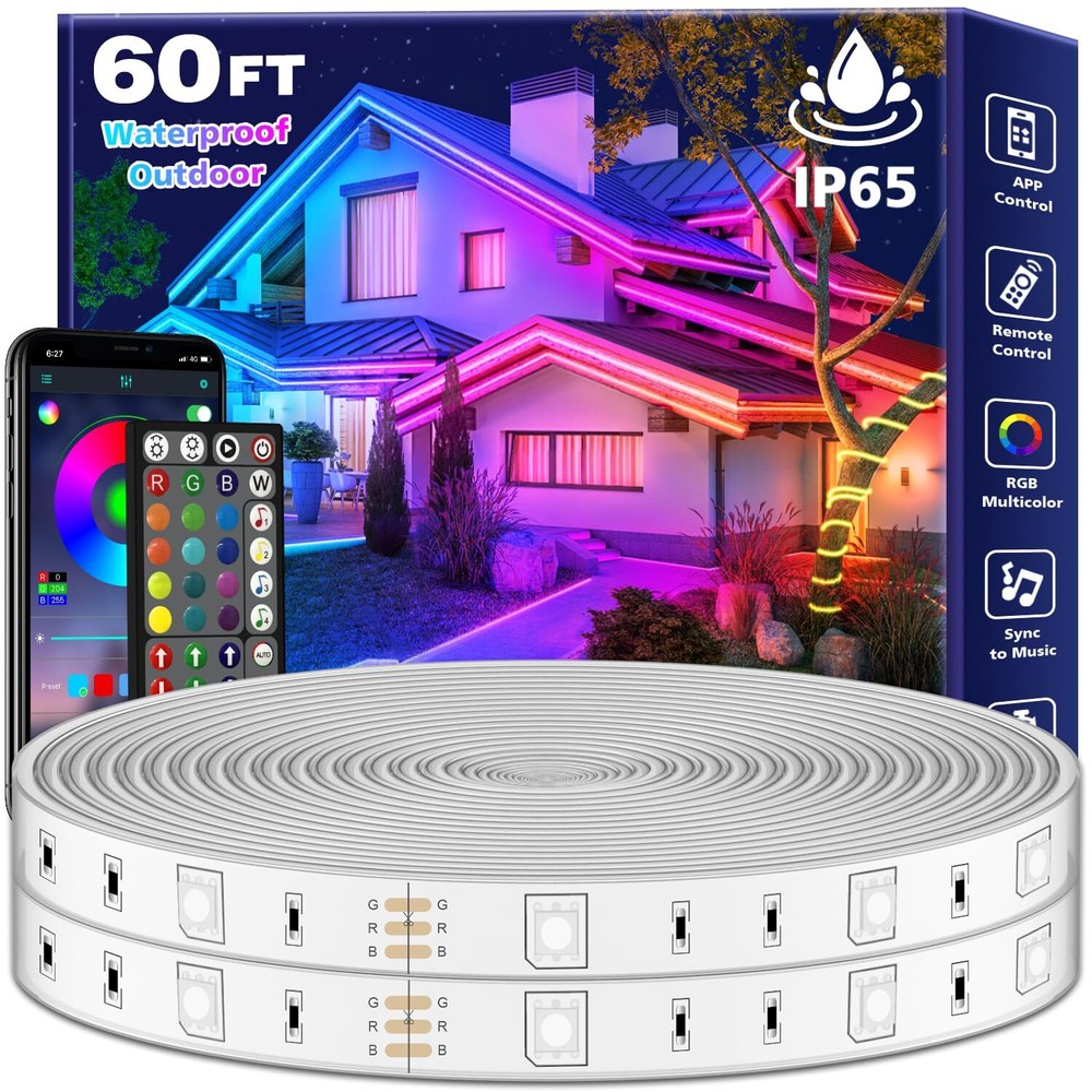 60ft Waterproof RGB LED Strip Lights with Music Sync IP65 Outdoor Lighting