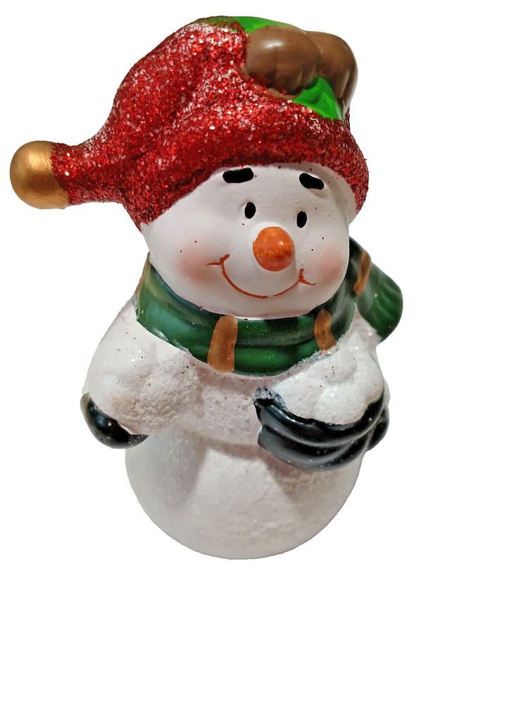 Seasonal snowman red sparkle hat green scarf ceramic figurine Christmas decor 5