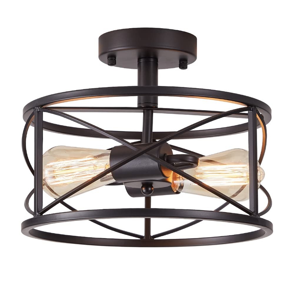 Black Semi Flush Ceiling Light Fixture, 2-Light Farmhouse Flush Mount Light F...