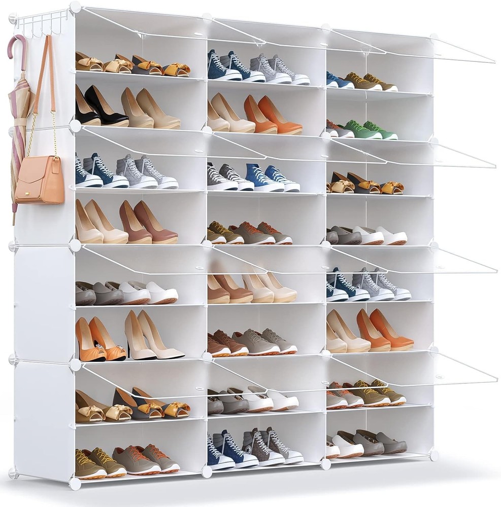 48-Pair Shoe Rack Organizer with Door - Expandable Plastic Storage Cabinet