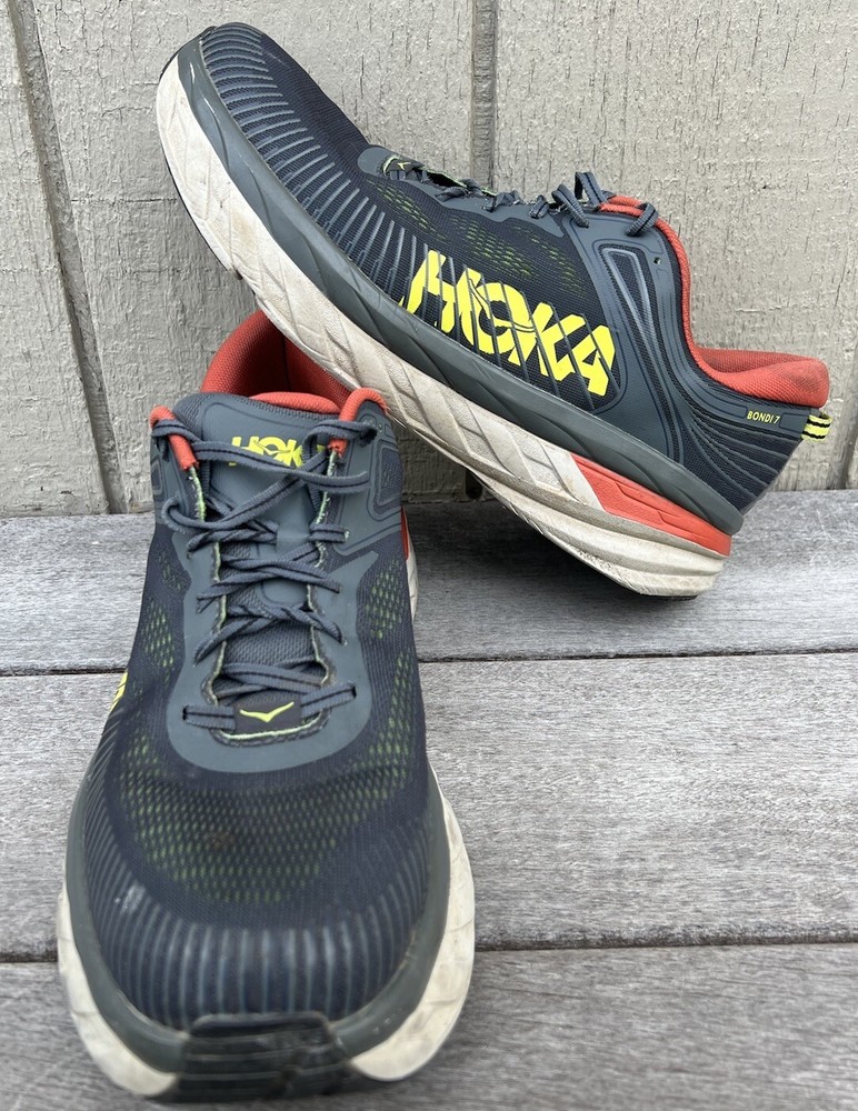 Hoka One One Bondi 7 Mens Sz 12.5 Running Walking Shoes Gray Orange Neon Sneaker