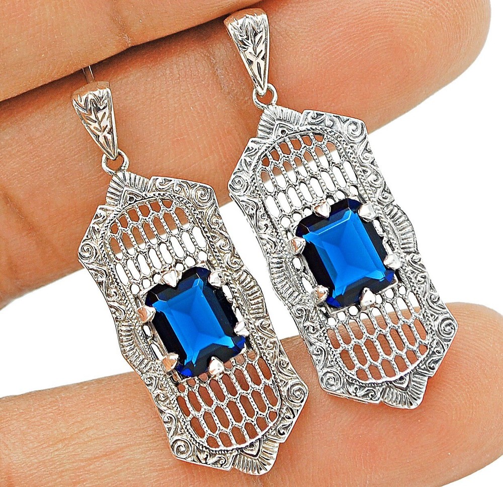 6CT Treated Blue Sapphire 925 Sterling Silver Filligree Earrings UM248