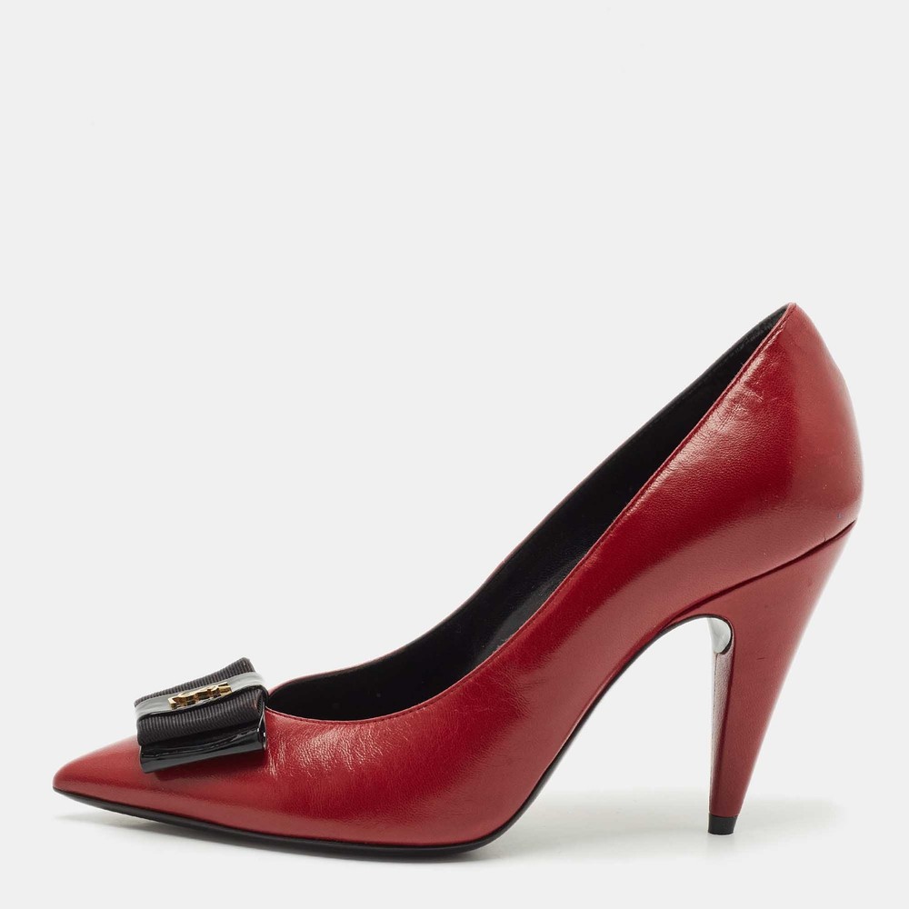 Saint Laurent Dark Red Leather Anais Bow Pointed Toe Pumps Size 36 EU