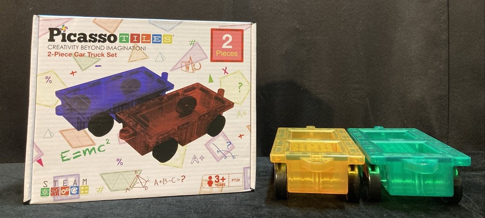 Picasso Tiles 4-Piece Car Truck Building Set in Vibrant Red Blue Yellow Green  