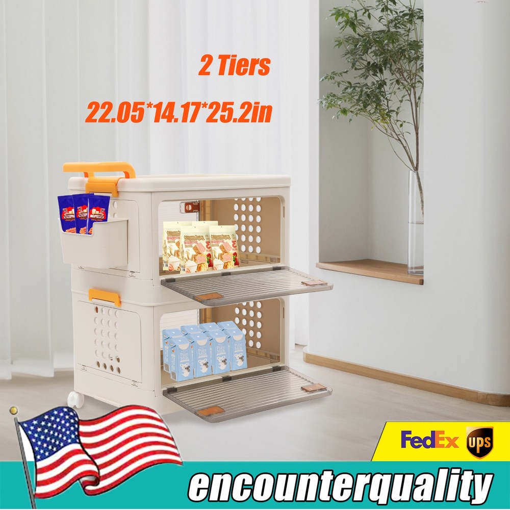 2-Tier Foldable Storage Cabinet - Portable Movable Storage Bin Organizer