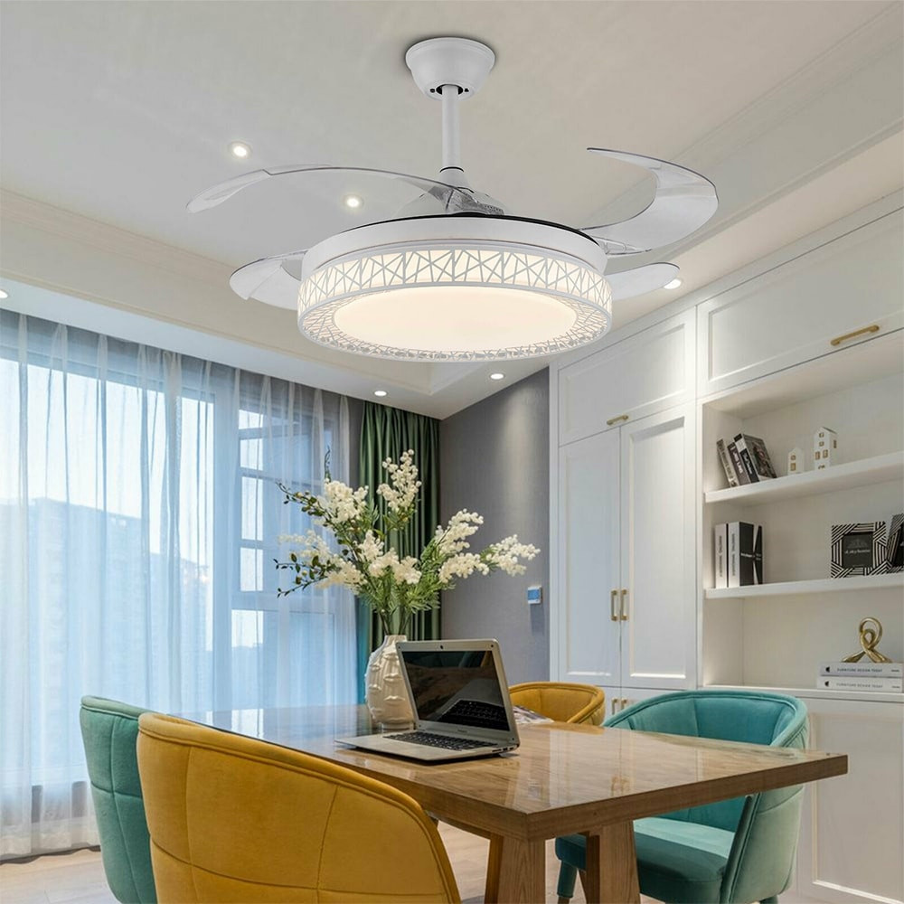 Modern Dimmable Lamp LED Ceiling Crystal Chandelier Remote White 108 x 58 cm