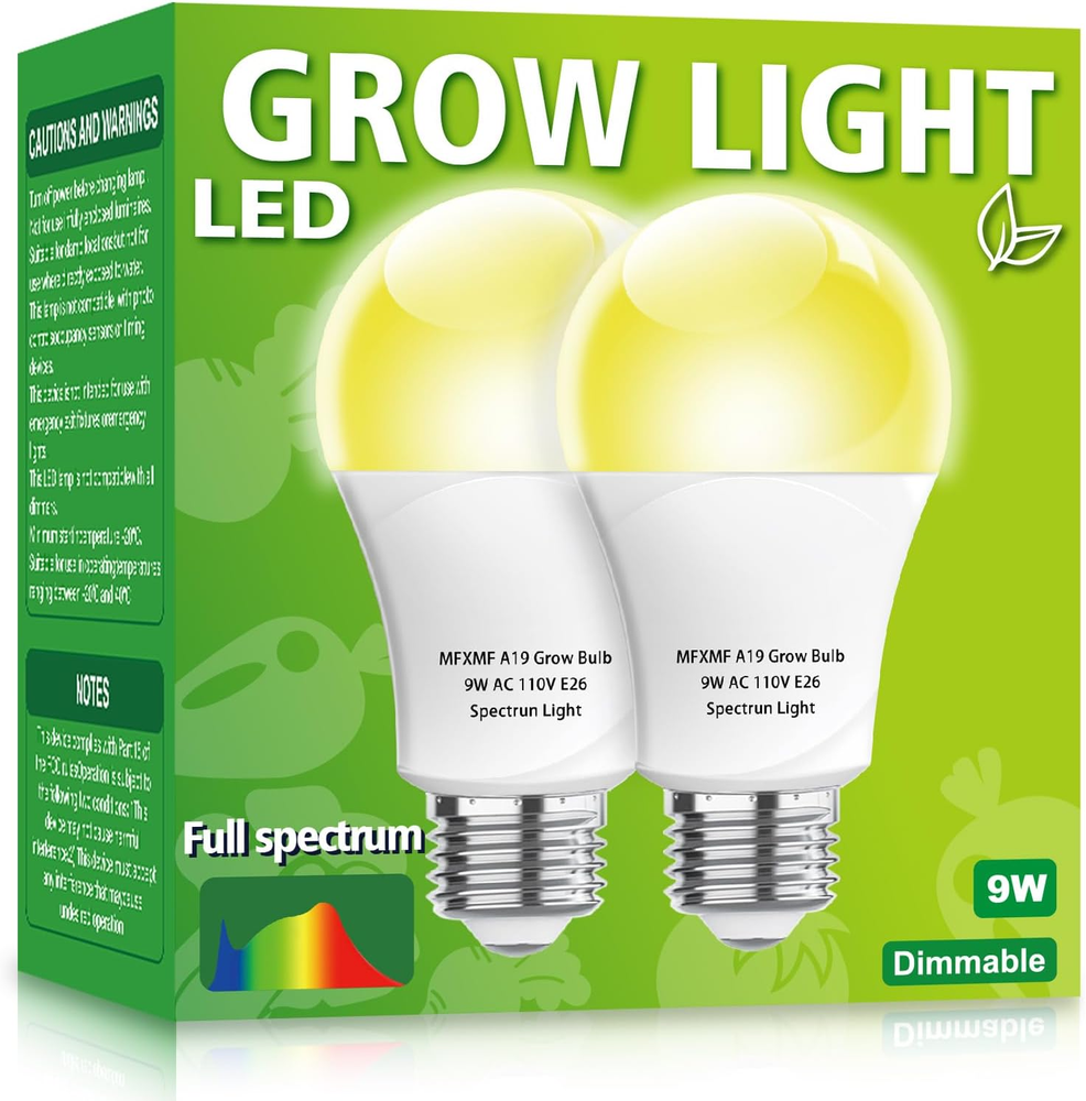 2 Pack LED Grow Light Bulbs A19 Bulb, Full Spectrum Plant Light Bulb, 9W E26 Gro