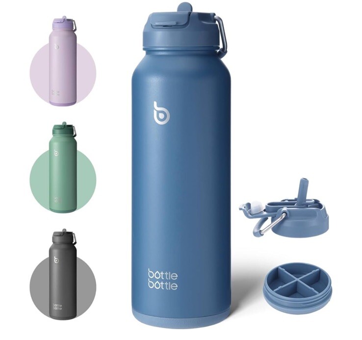 40oz Insulated Water Bottle w/ Straw Sports Stainless Steel Blue Hidden Storage