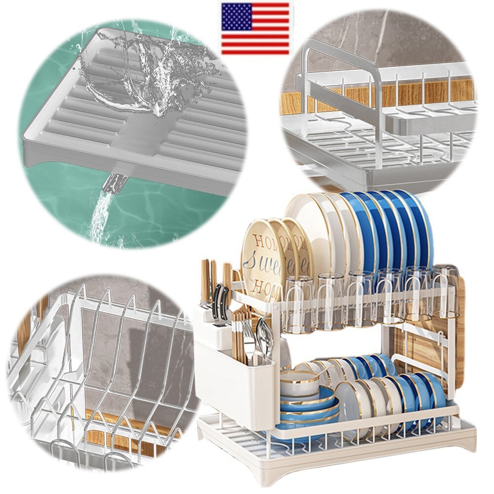 2-Tier White Dish Drainer Rack for Bowls Spoons Chopsticks Storage