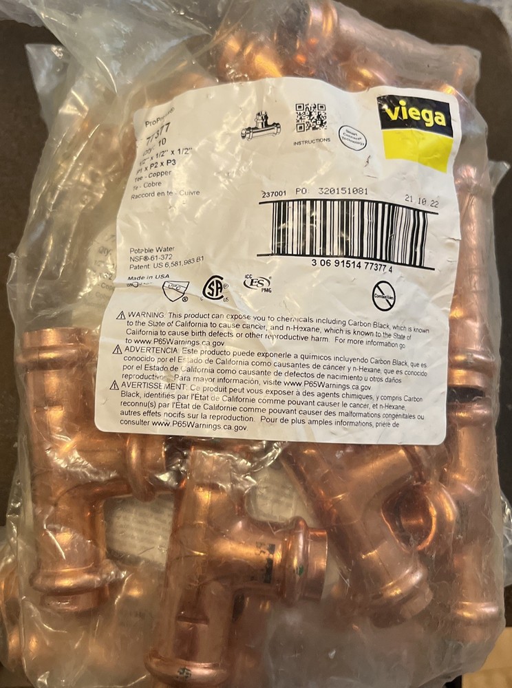 Viega 77377 ProPress Zero Lead Copper Tee with 1/2-Inch P x P x P, 10-Pack