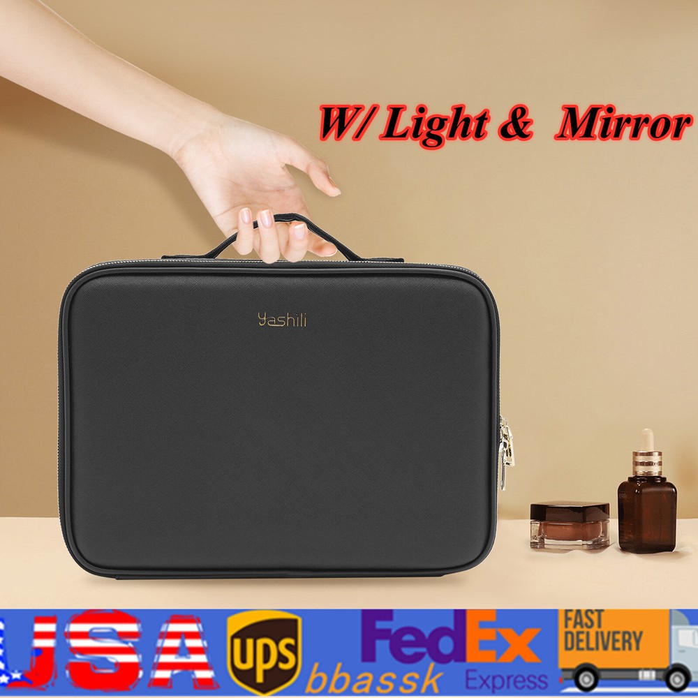 Portable Travel Makeup Case with Mirror & LED Lights - Cosmetic Organizer Bag  