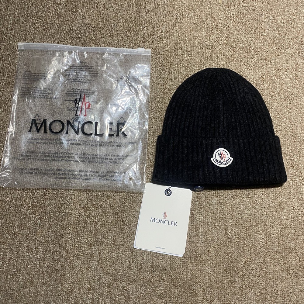 Moncler black wool rib knit logo beanie