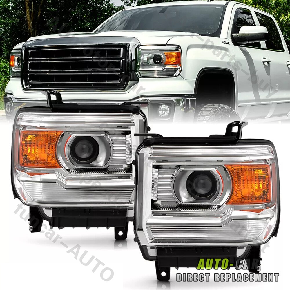 For 2014-2019 GMC Sierra 1500 Chrome Amber Pair Headlights Assembly GA