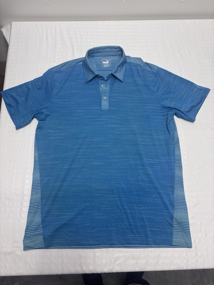 Puma Dry Cell Polo Shirt Blue Men's Large Short Sleeve Golf striped