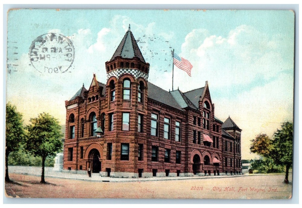1907 City Hall Building Street View Fort Wayne Indiana IN Antique Postcard